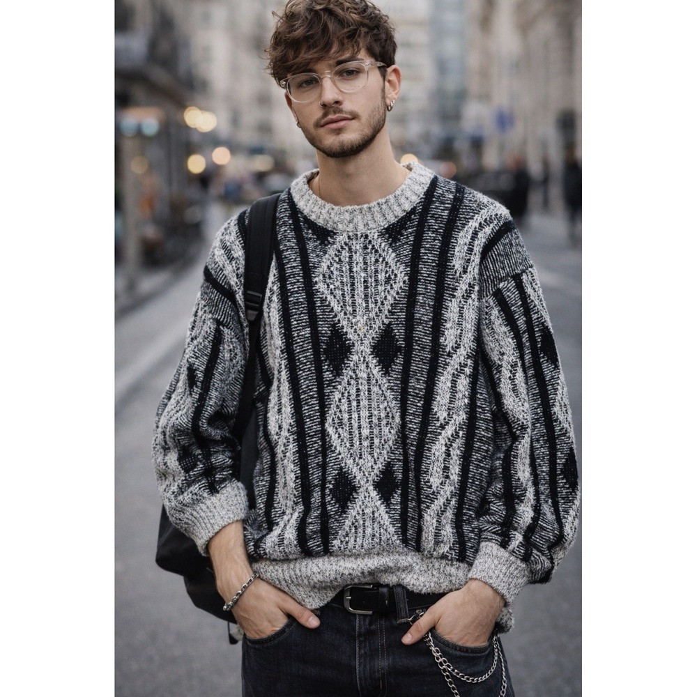 90s Vintage Method Mens 3D Chunky Cable Knit Sweater Size XL Cosby Geometric Y2K